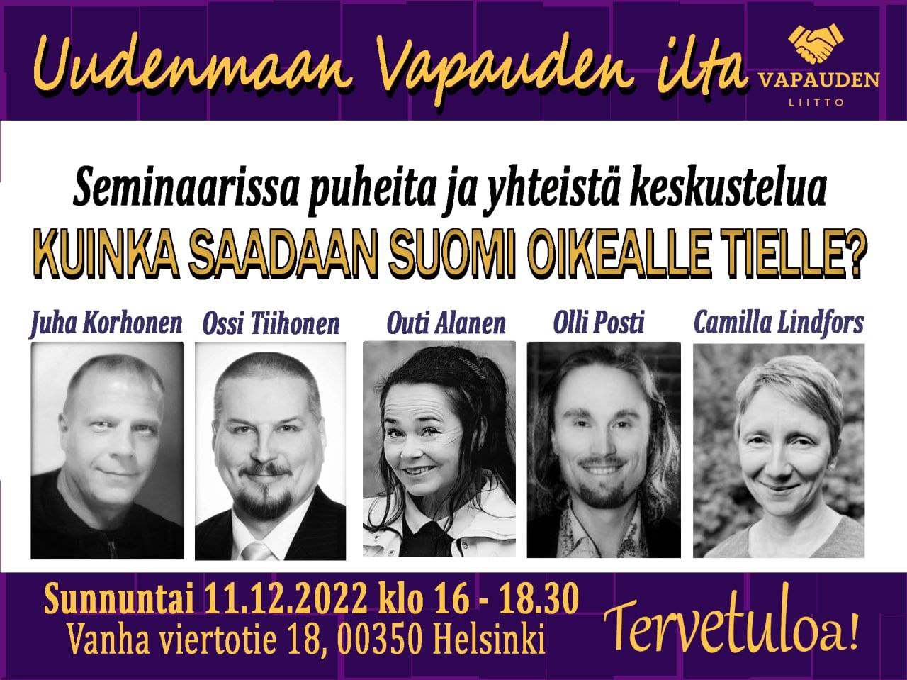 Uudenmaan Vapauden Ilta 11.12.2022 16:00-18:30 | Vapauden Liitto R.p.