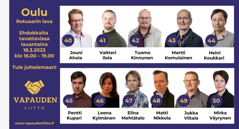 Ehdokkaita Tavattavissa lauantaina 18.3. klo 16:00 – 19:00, Oulu Rotuaarin lava