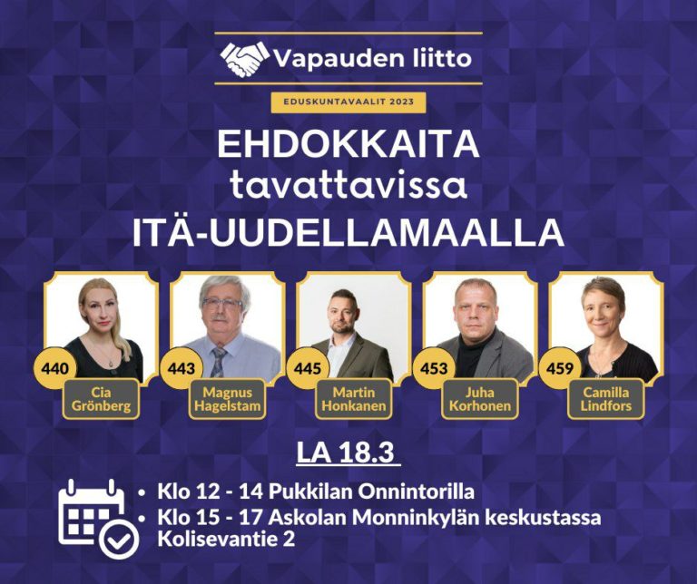 Ehdokkaita tavattavissa Itä-Uudellamaalla 19.3. klo 12:00 – 17:00