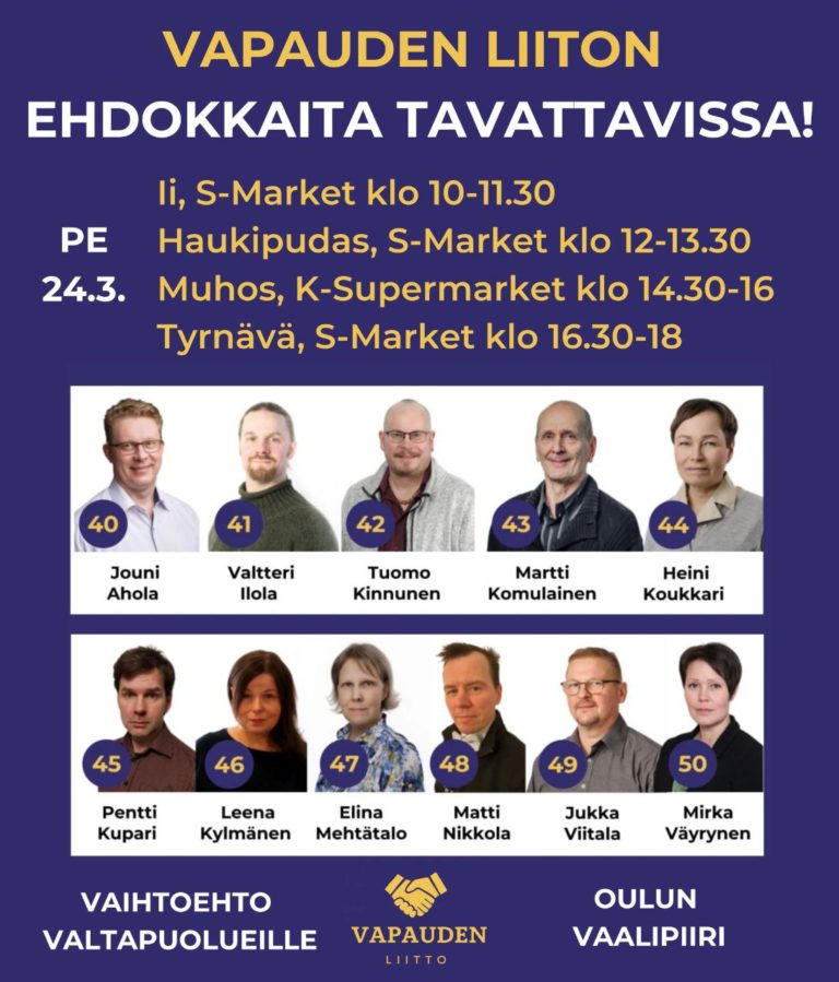 Oulun vaalipiirin Ehdokkaita tavattavissa 24.-26.3.2023