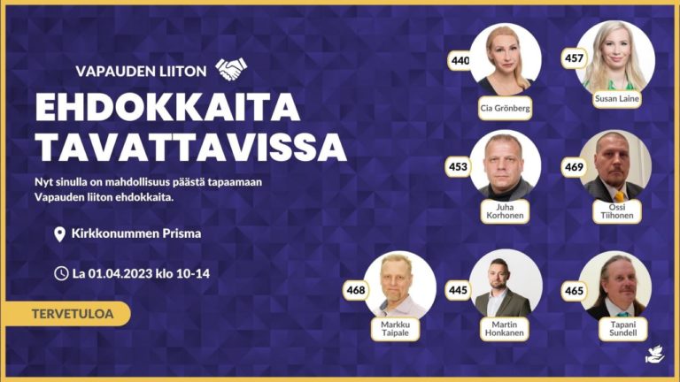 Ehdokkaita tavattavissa Kirkkonummen Prismalla 1.4.2023 klo 10:00-14:00
