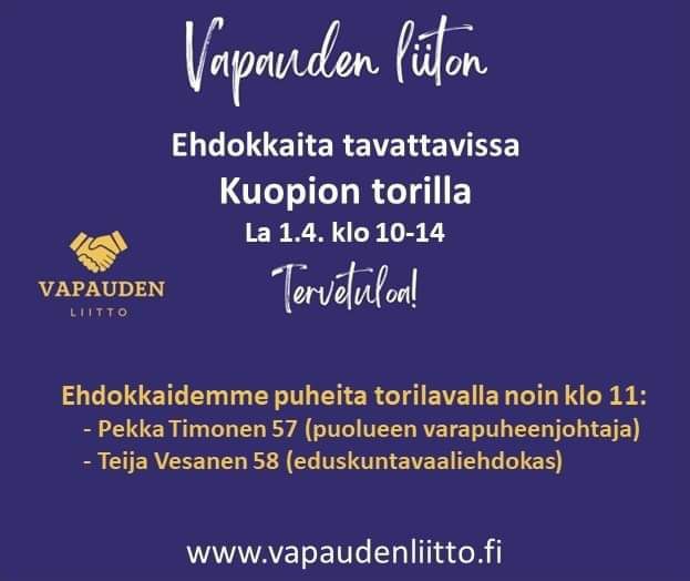 Ehdokkaita tavattavissa Kuopion torilla 1.4. klo: 10:00 – 14:00