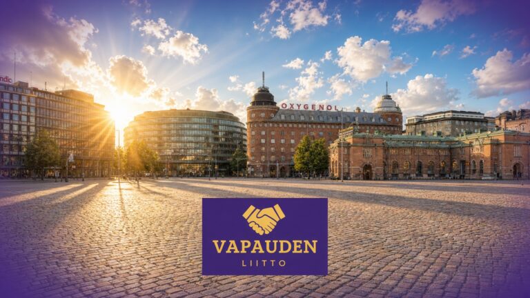 Vapauden liiton logo Hakaniementorin maisemassa aurinkoisena päivänä.